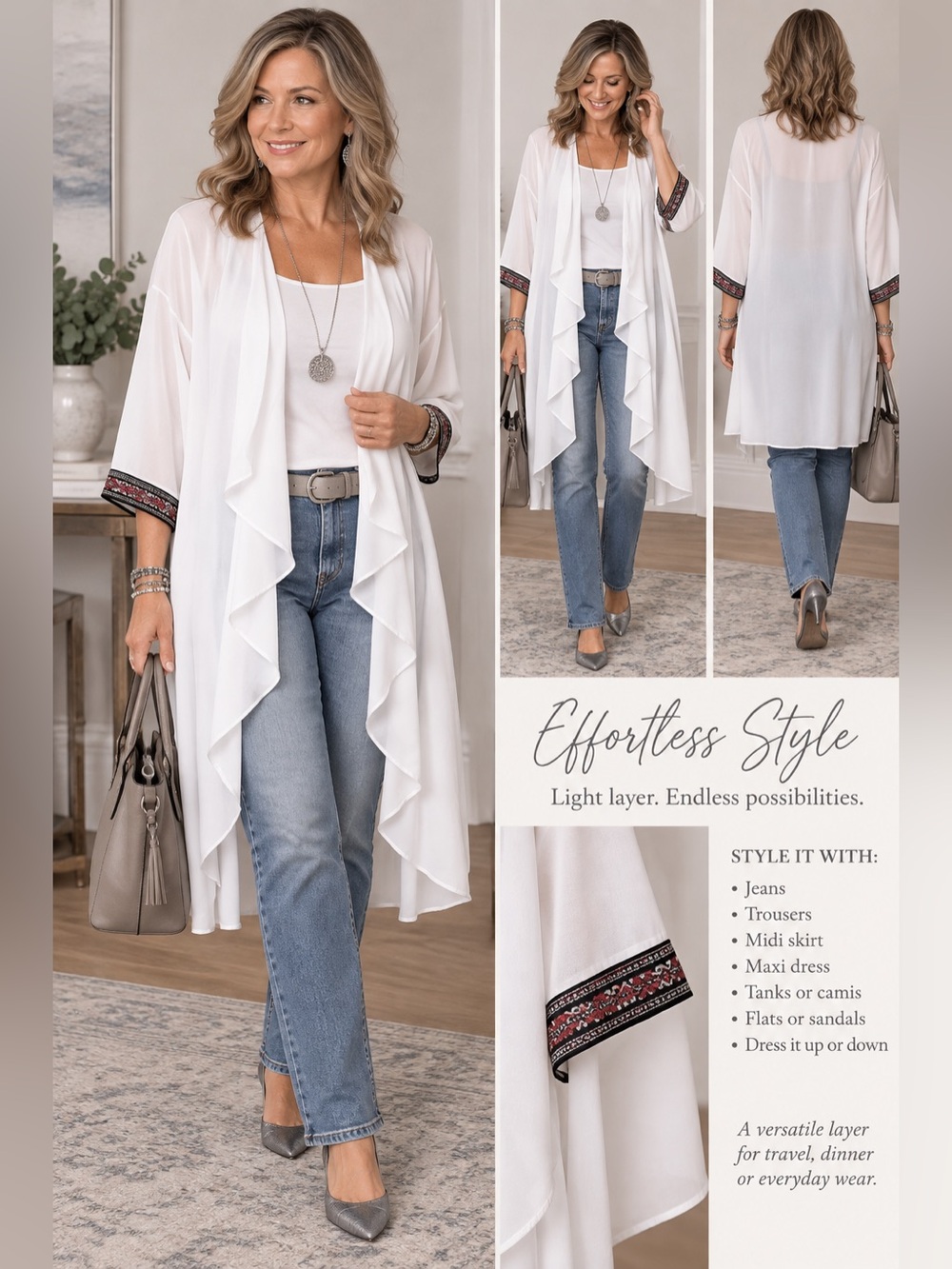 NWT LuLaRoe White Open-Front Kimono Duster cardigan Embroidered Trim Sz L
